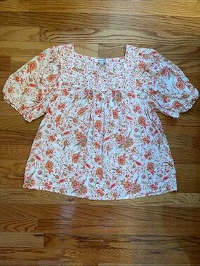 Rose + Olive Floral Puff Elastic Sleeve Square Neck White & Pink Blouse Sz M